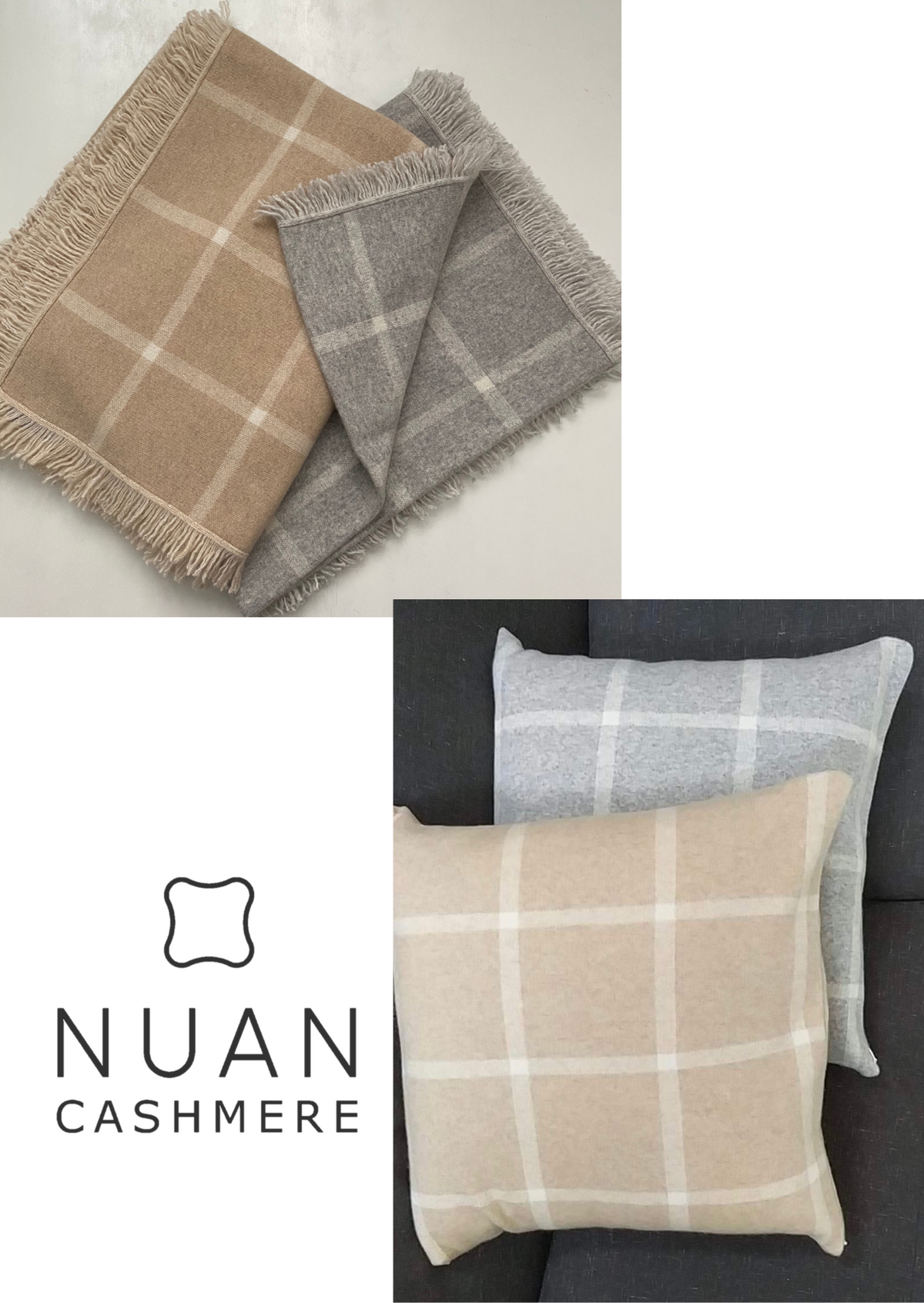 Jacquard Birdseye Check Throw &amp; Cashmere Pillow - Nuan Cashmere - classic - elegant - cashmere