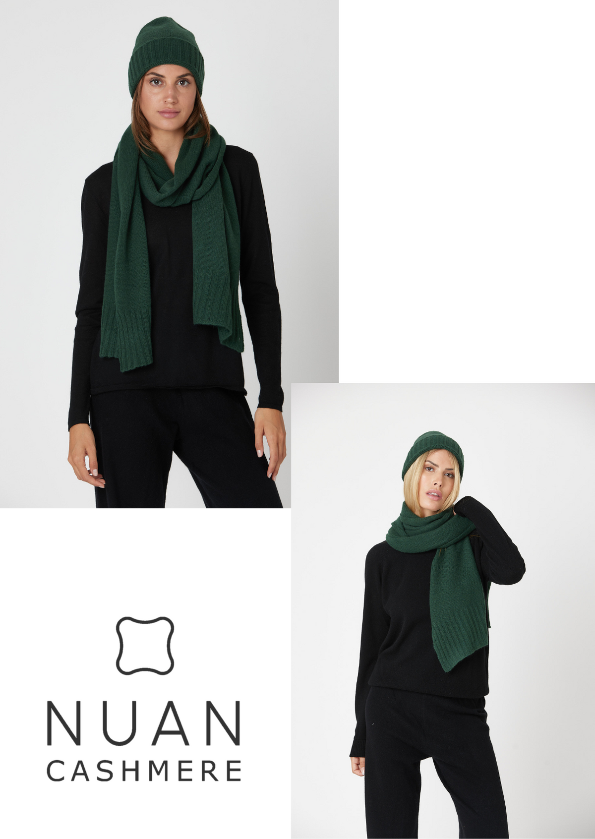 Cashmere Scarf &amp; Cashmere Beanie (Green) - Nuan Cashmere - classic - elegant - cashmere